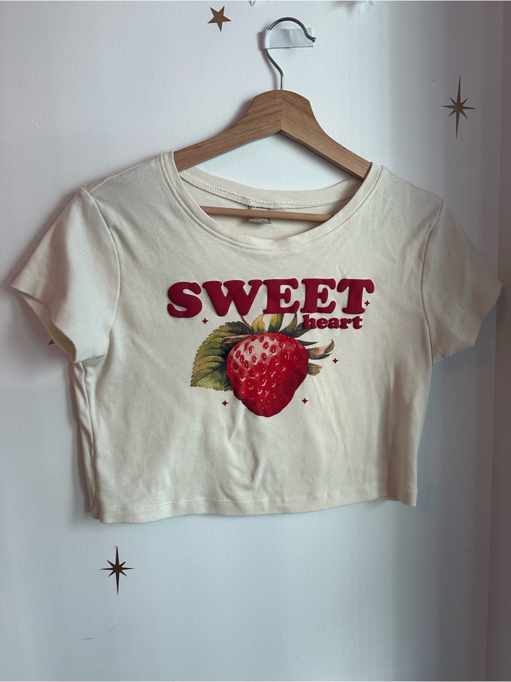 Cream Crop Tee with Red Strawberry 'SWEET heart' Graphic